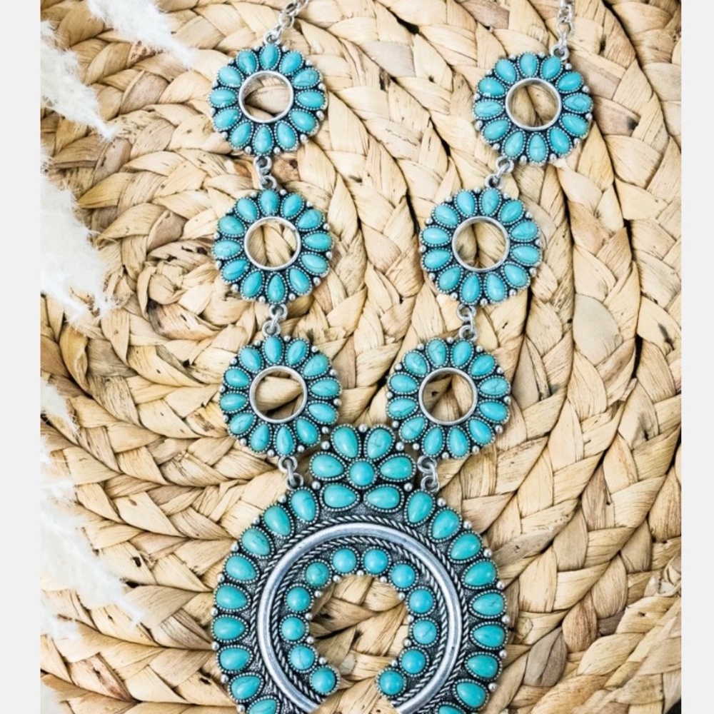 Turquoise Squash Blossom Necklace and Earrings Set Western Cowgirl Jewelry